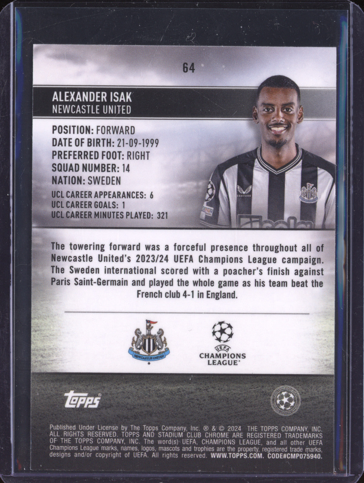 Alexander Isak 2023-24 Topps Stadium Club Chrome 64 Green/Yellow Charge 57/125