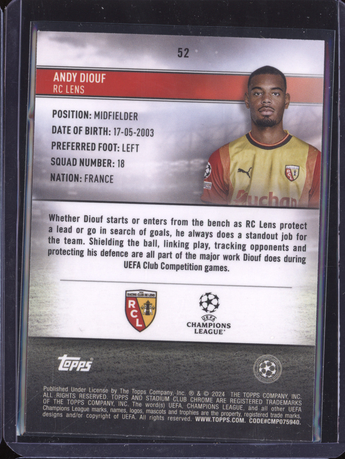 Andy Diouf 2023-24 Topps Stadium Club Chrome 52 Green/Yellow Charge RC 65/125