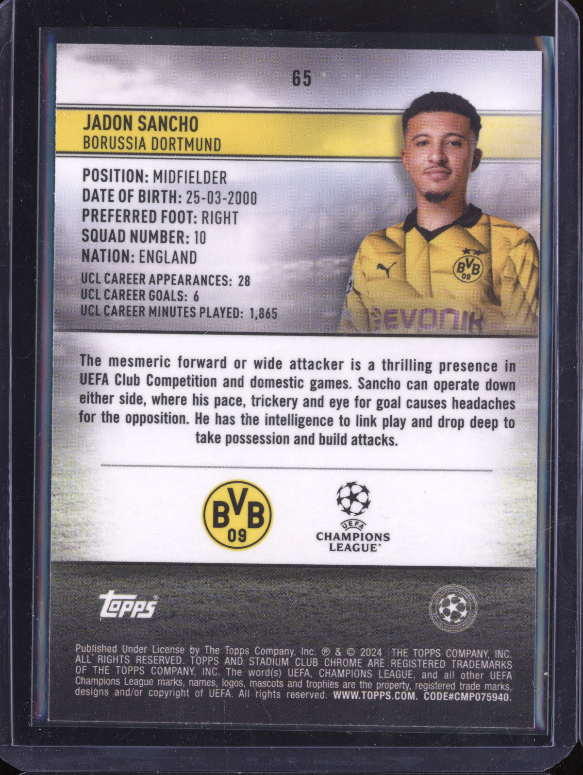 Jadon Sancho 2023-24 Topps Stadium Club Chrome 65 Royal Blue Refractor 129/175
