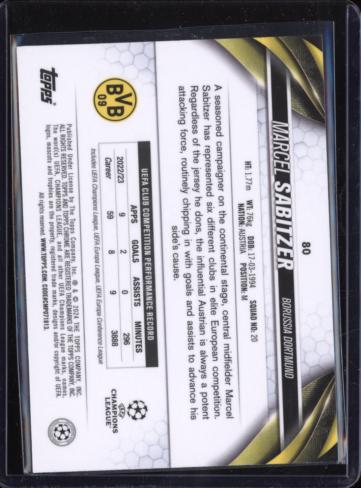 Marcel Sabitzer 2023-24 Topps Chrome UCC 80 Violet Speckle Refrator 59/299