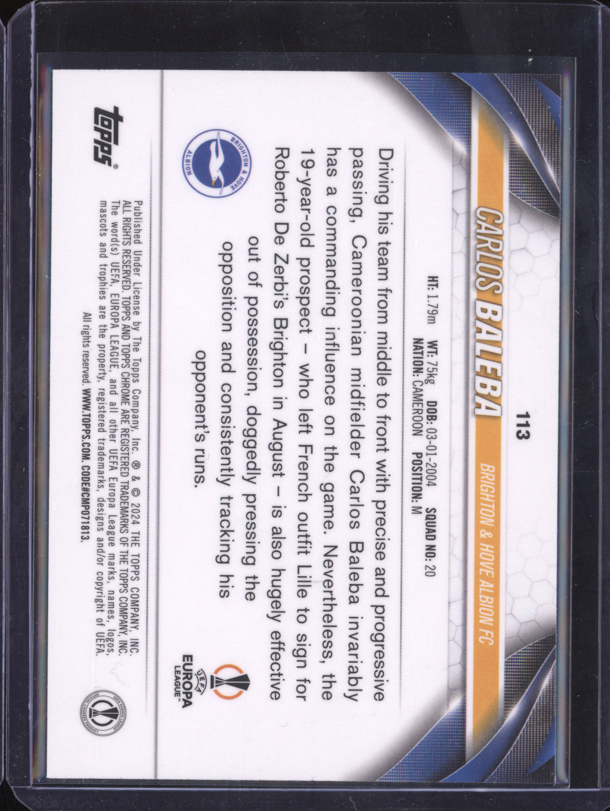 Carlos Baleba 2023-24 Topps Chrome UCC 113 Green Refracor RC 62/75