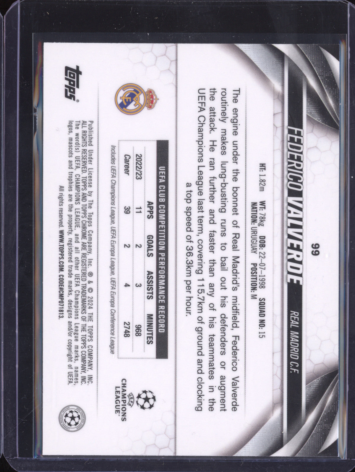 Federico Valverde 2023-24 Topps Chrome UCC 99 Pink Lava Refractor