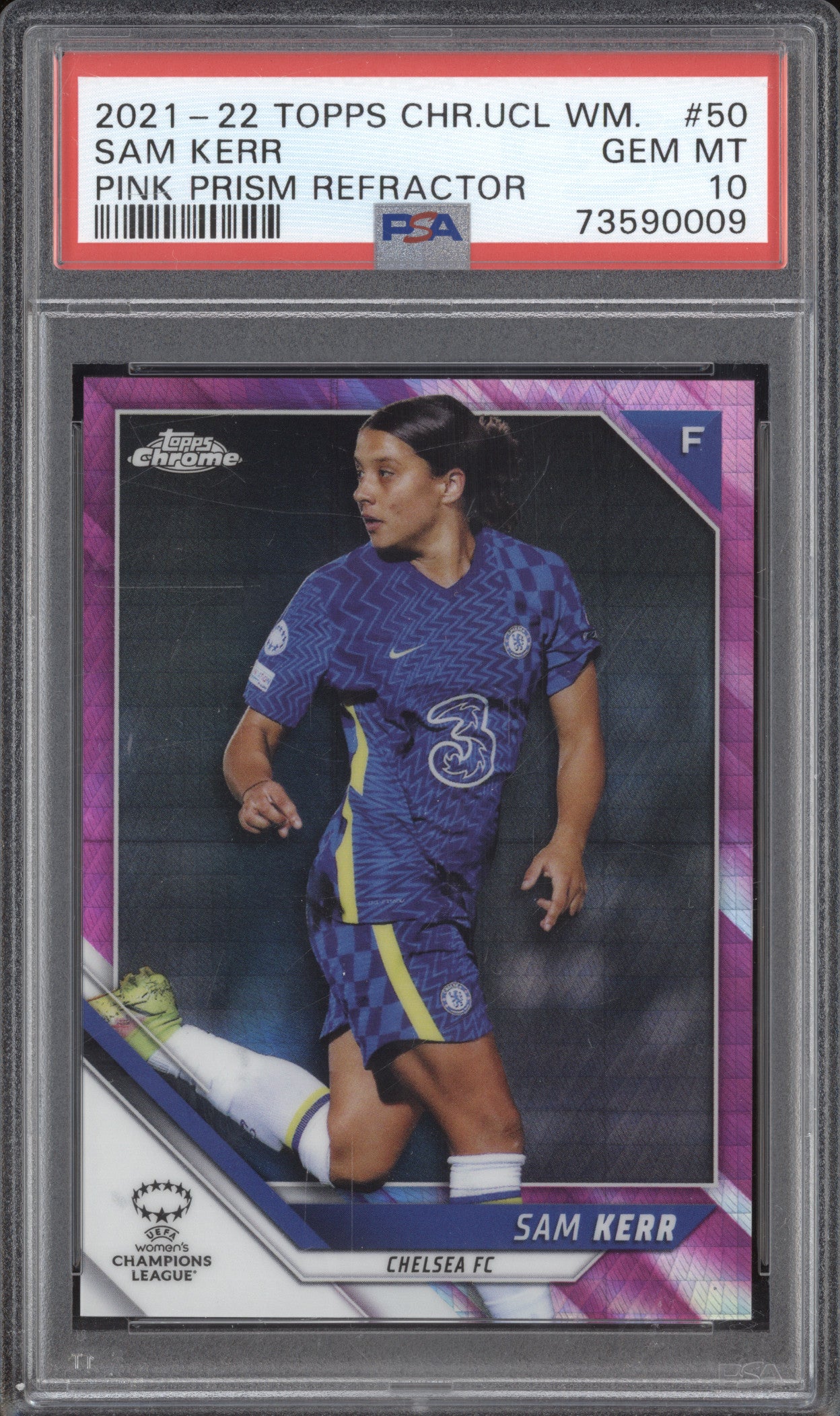 Sam Kerr 2021-22 Topps Chrome UCL Women's 50 Pink Prism Refractor 54/150 PSA 10