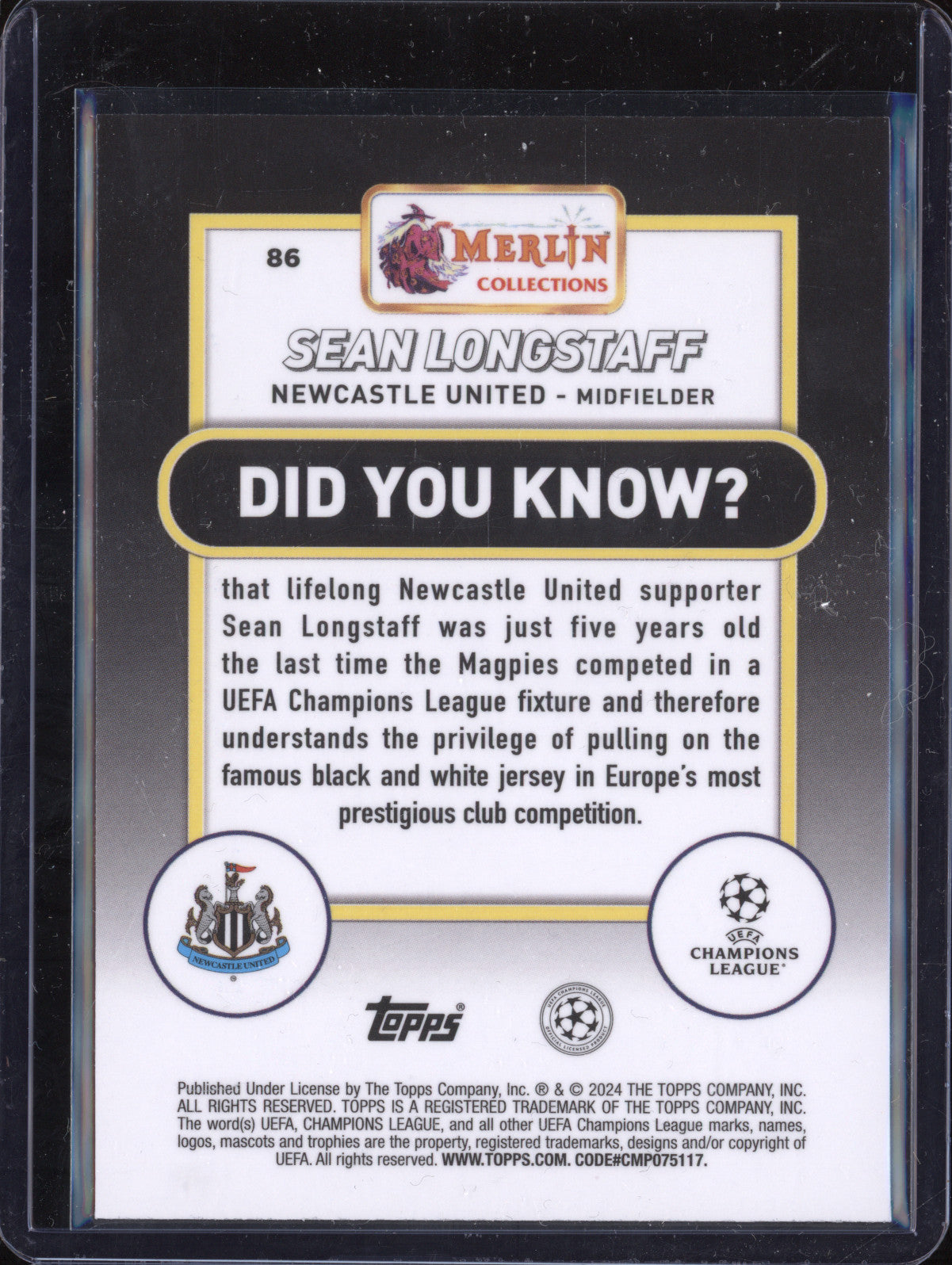 Sean Longstaff 2023-24 Topps Merlin UCC 86 Aqua Speckle Refractor 128/199