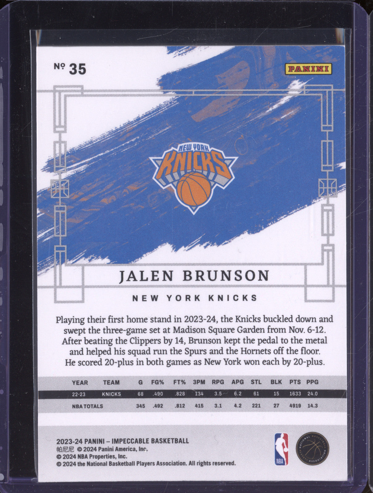 2023-24 Panini Impeccable 35 Jalen Brunson 33/75