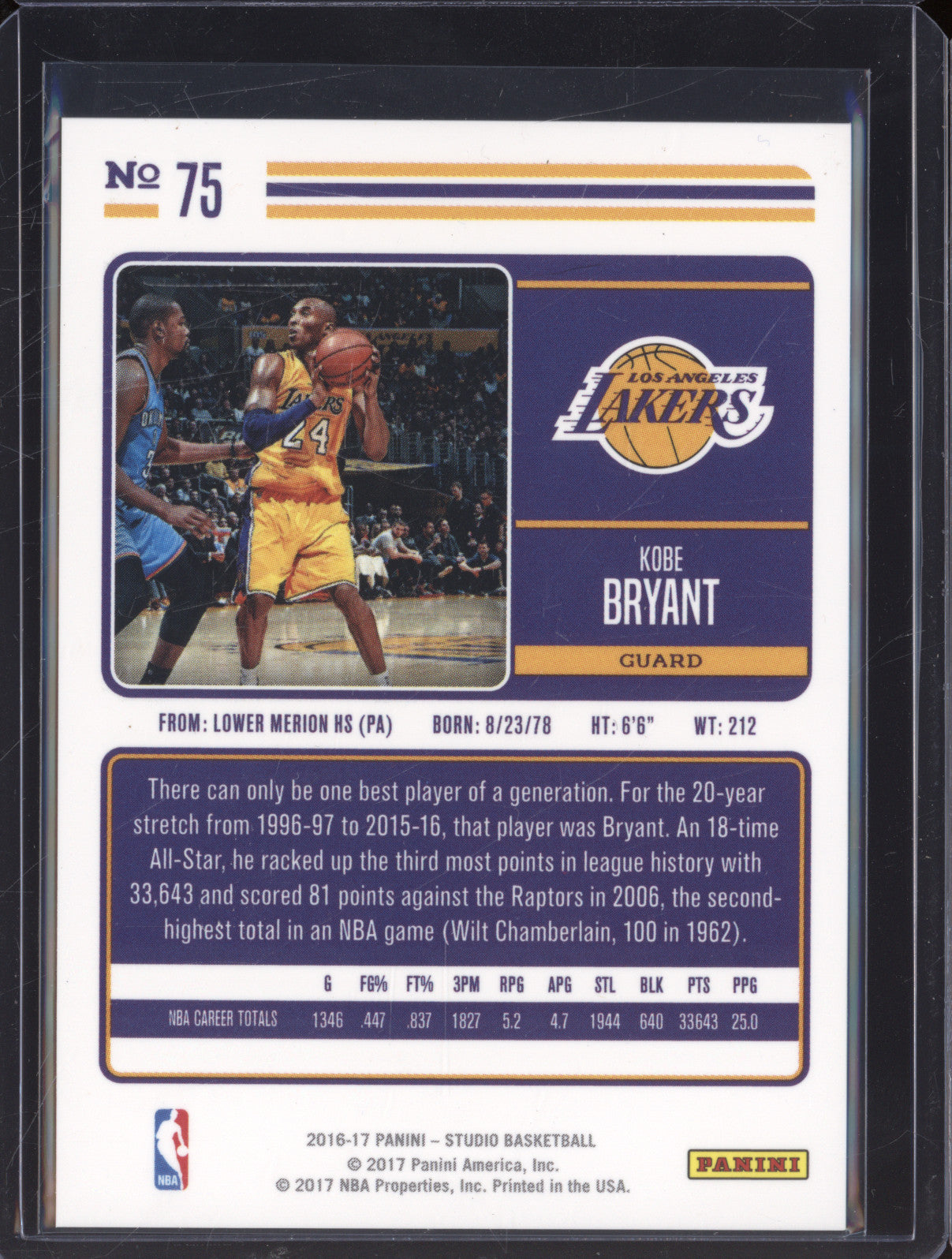 2016-17 Panini Studio 75 Kobe Bryant