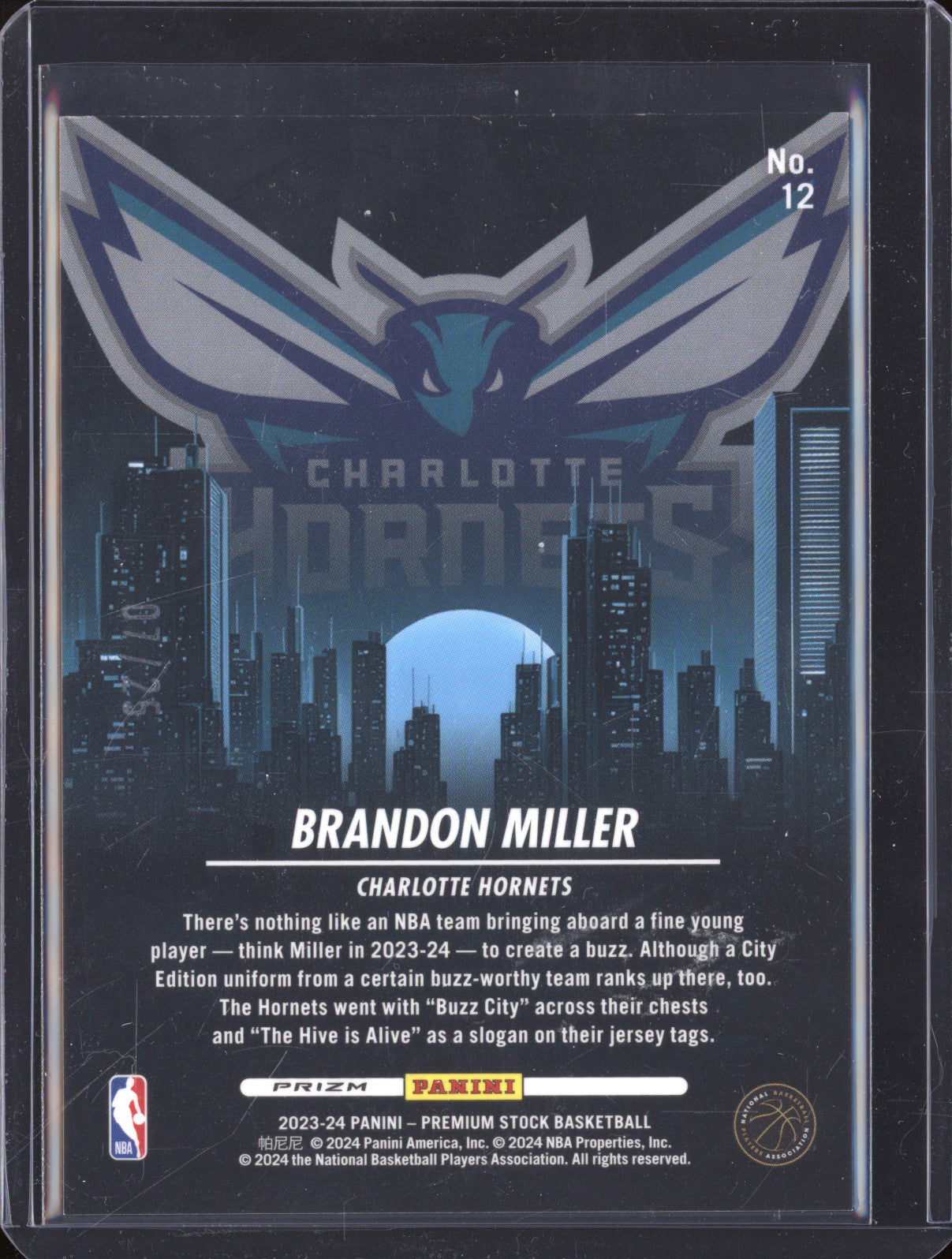 2023-24 Panini Hoops Premium 12 Brandon Miller City Edition Blue Prizms RC /25