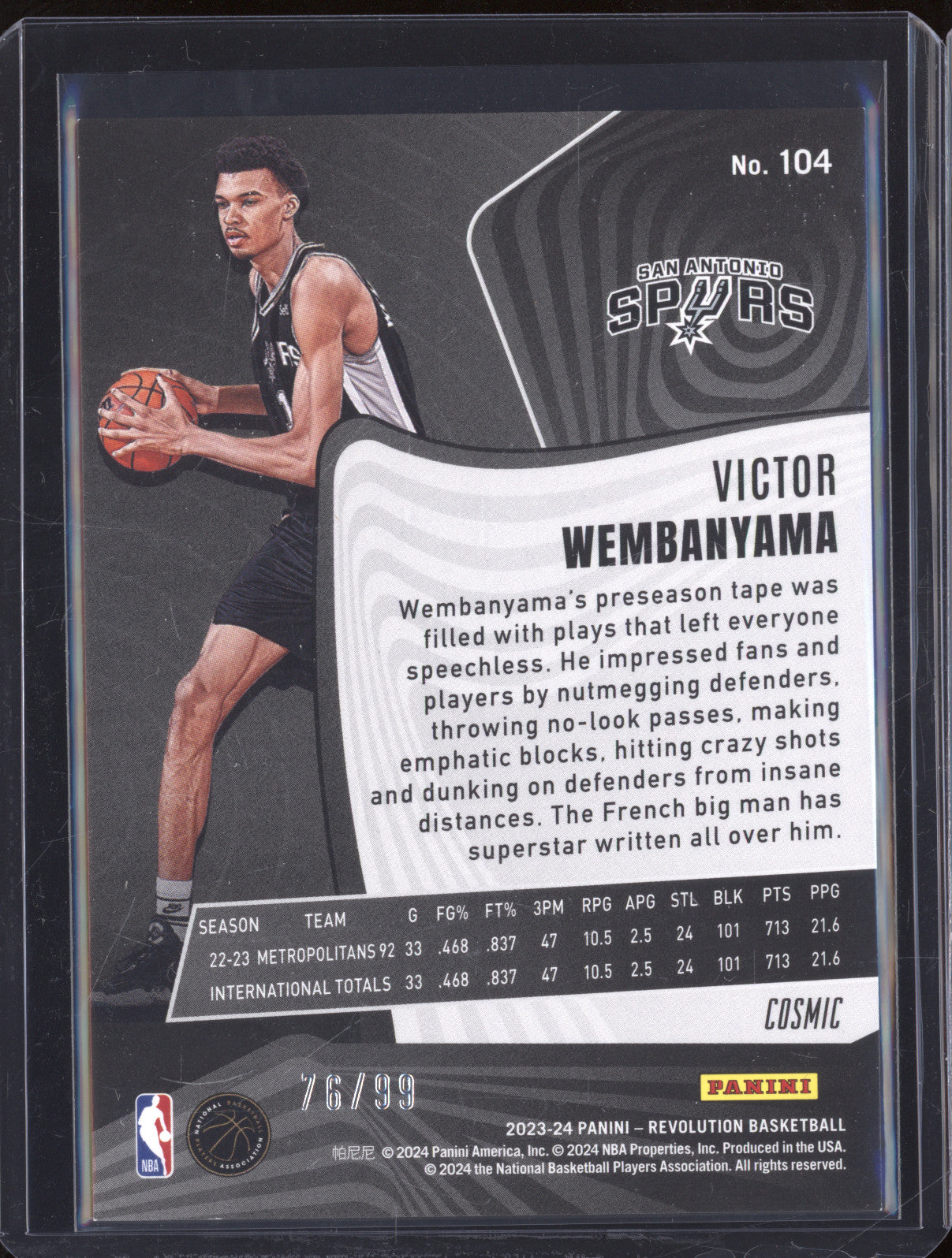 2023-24 Panini Revolution 104 Victor Wembanyama Cosmic Rookie RC 76/99