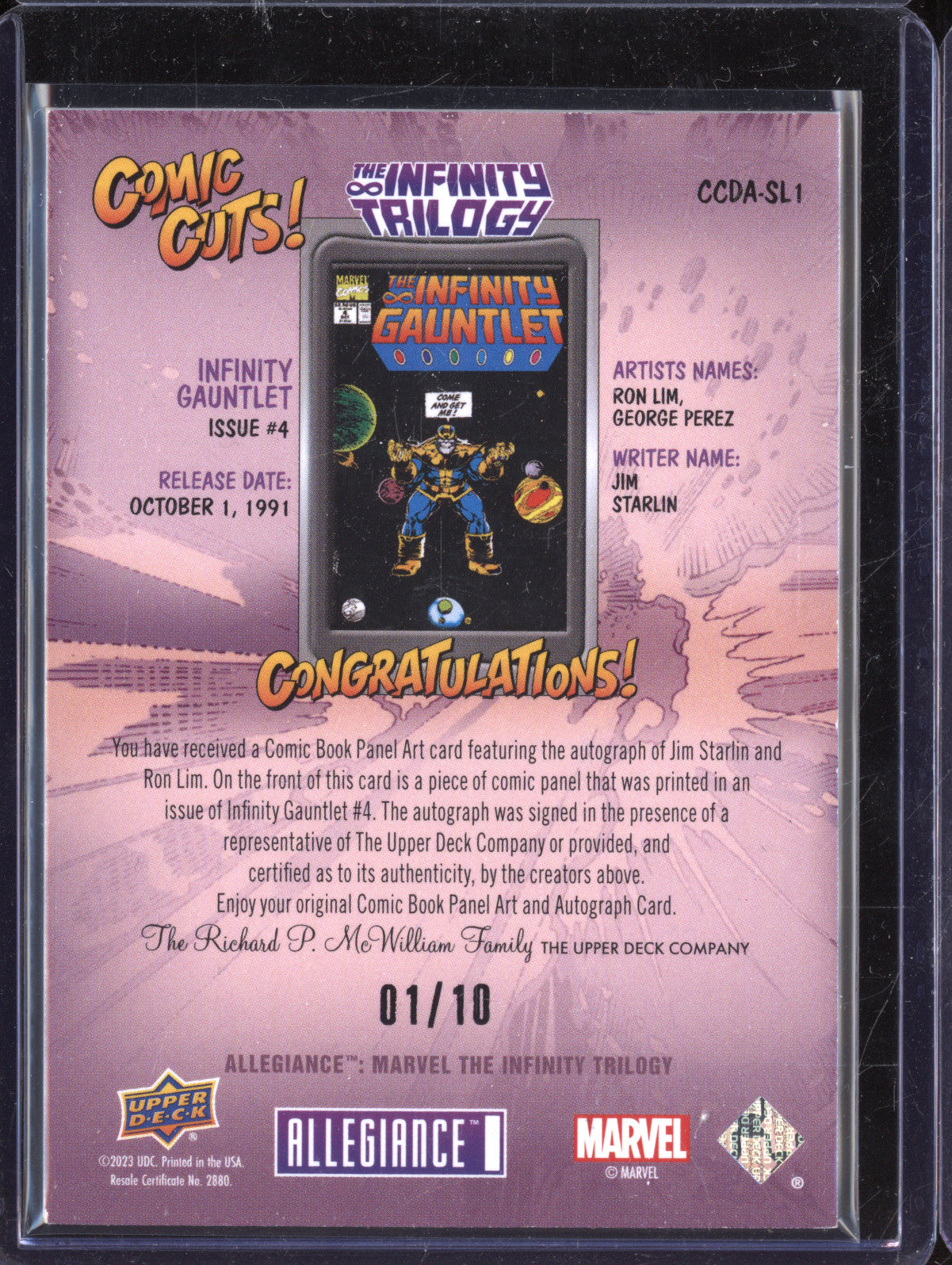 Starlin Lim 0 UD Allegiance Infinity Trilogy CCDA-SL1 Comic Cuts Dual Auto 1/10