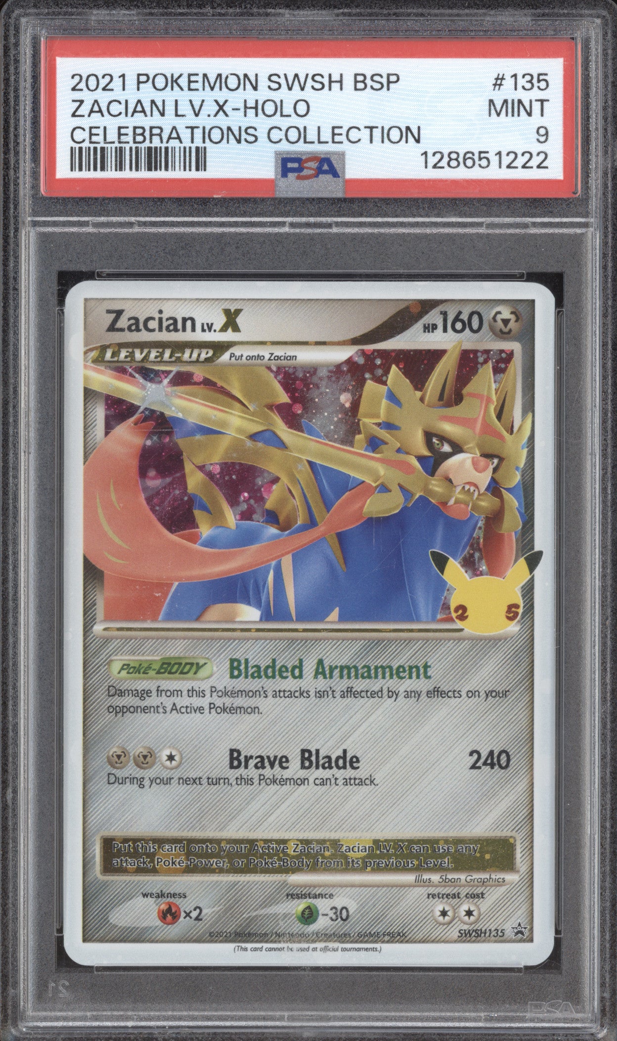 2021 Pokemon Celebrations SWSH135 Zacian LV.X Holo PSA 9