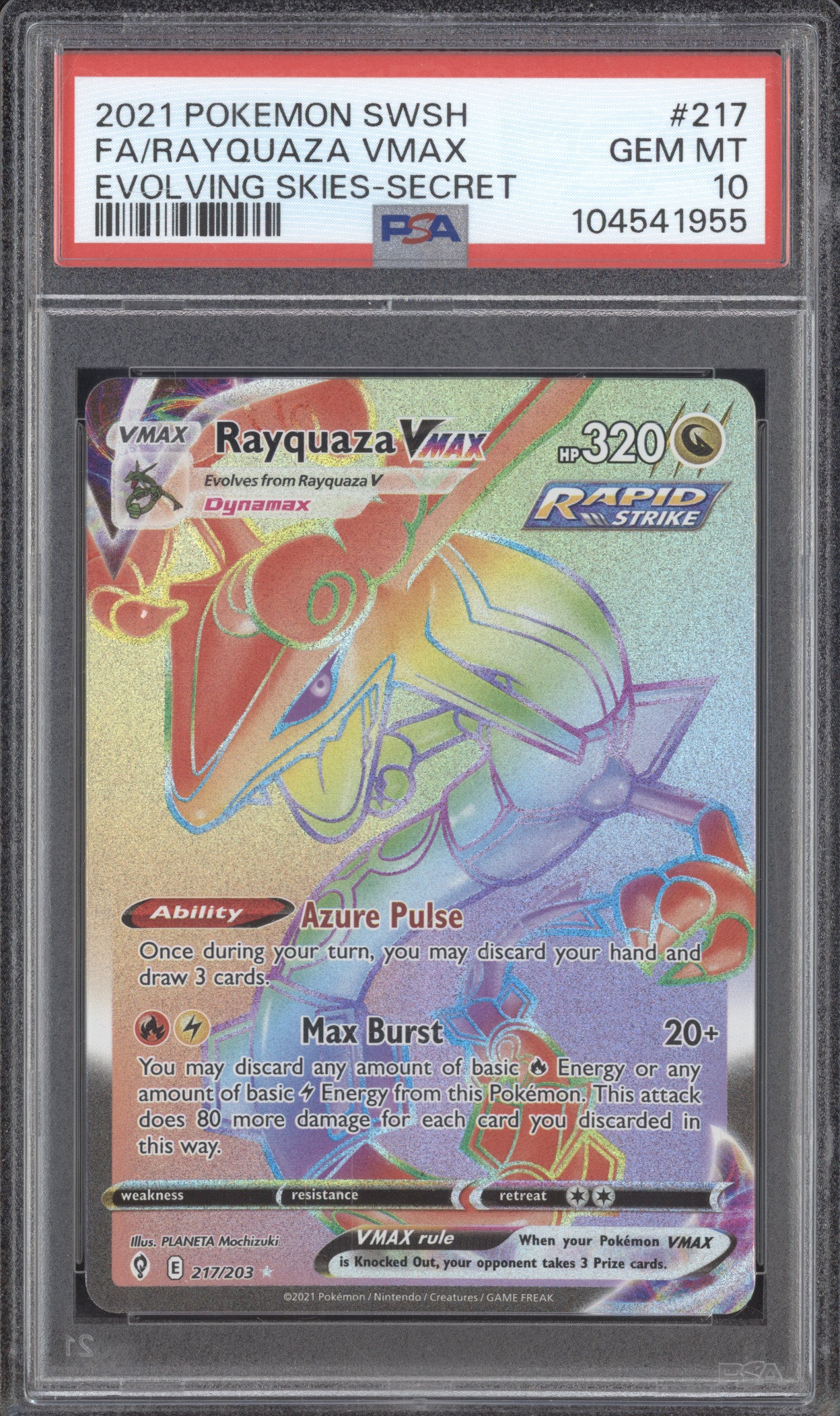 Rayquaza VMax 2021 Pokemon Evolving Skies 217/203 Secret Rare PSA 10
