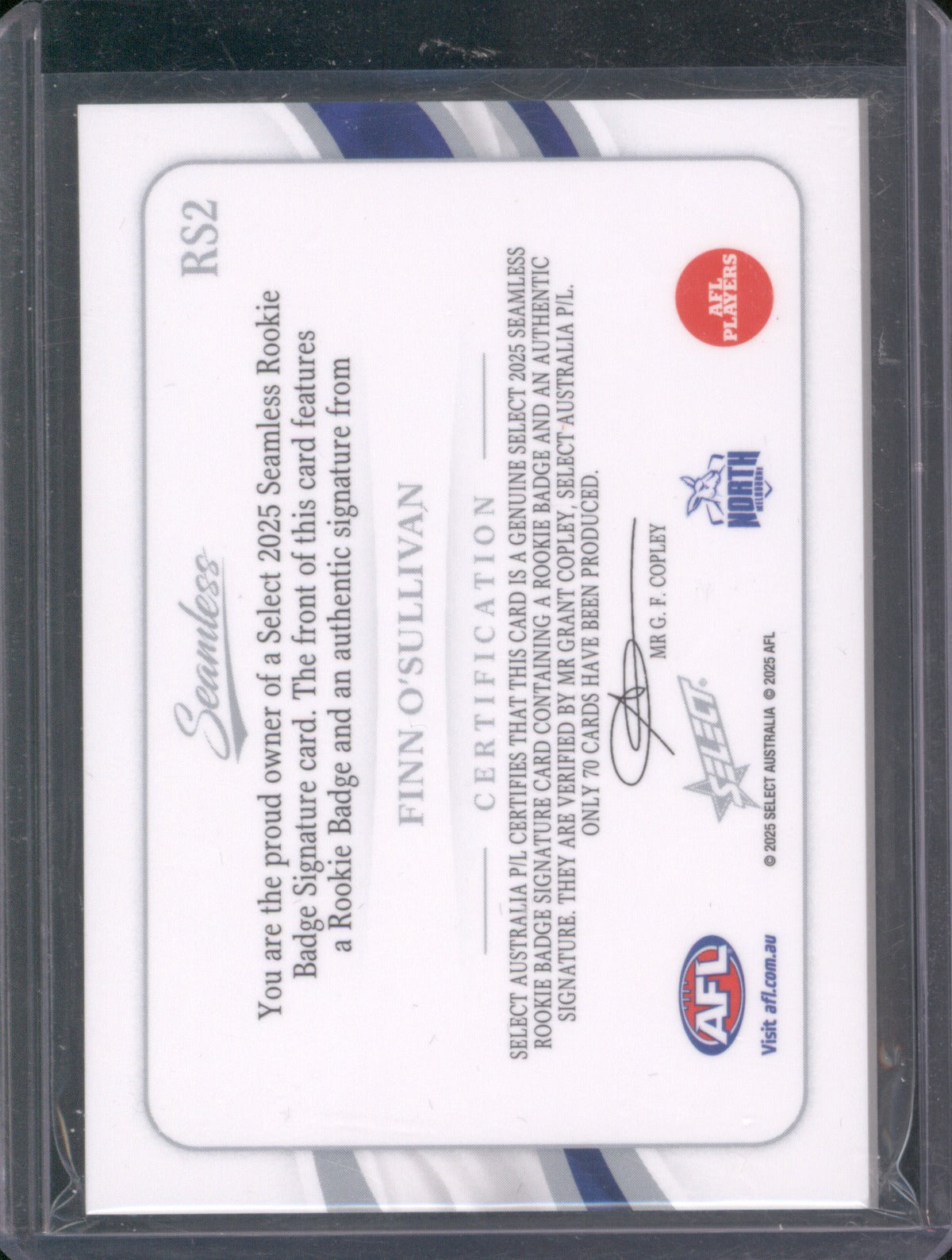 Finn O'Sullivan 2025 AFL Select Seamless RS2 Rookie Badge Signature Redemption