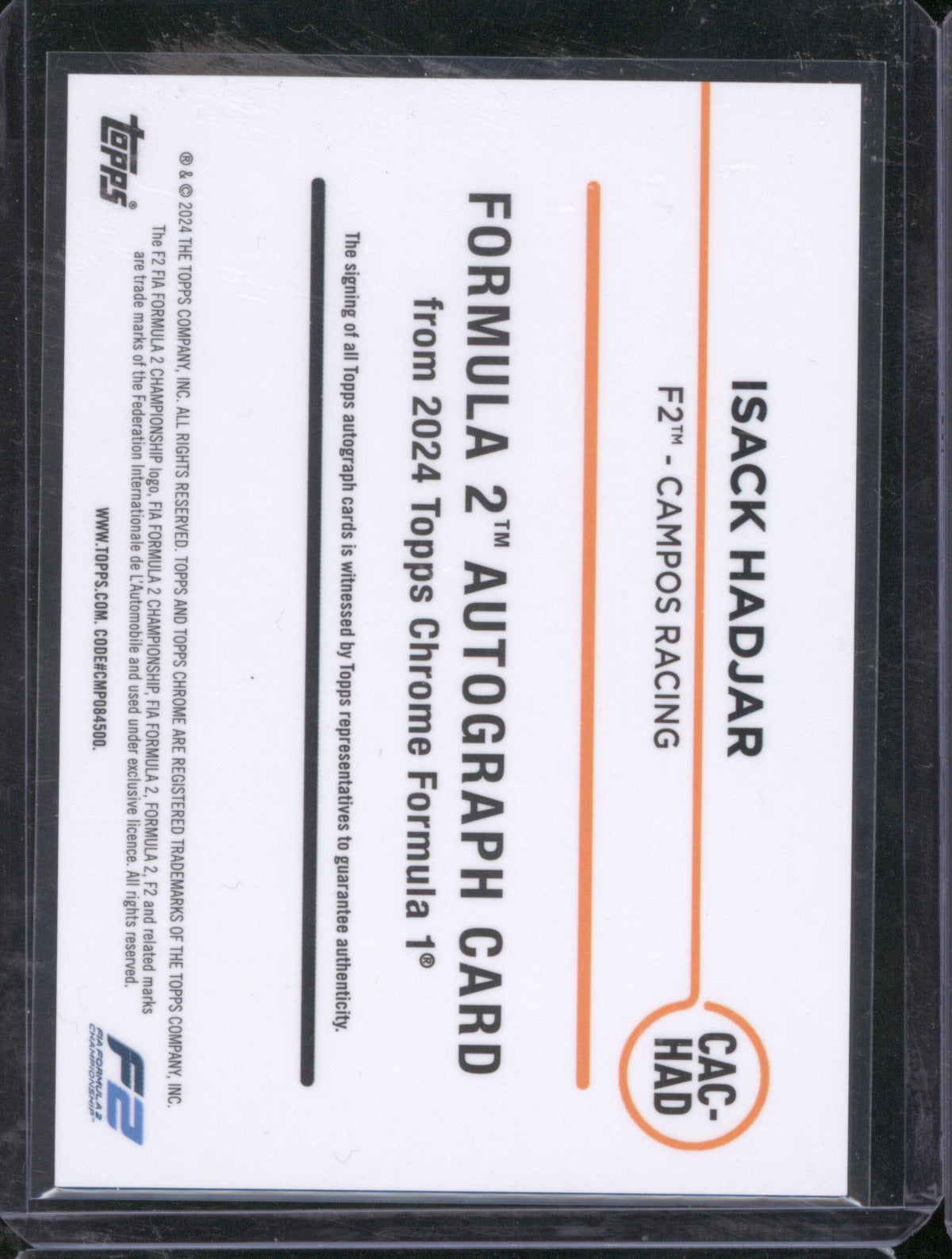 Isack Hadjar 2024 Topps Chrome Formula 1 #CAC-HAD Orange Auto