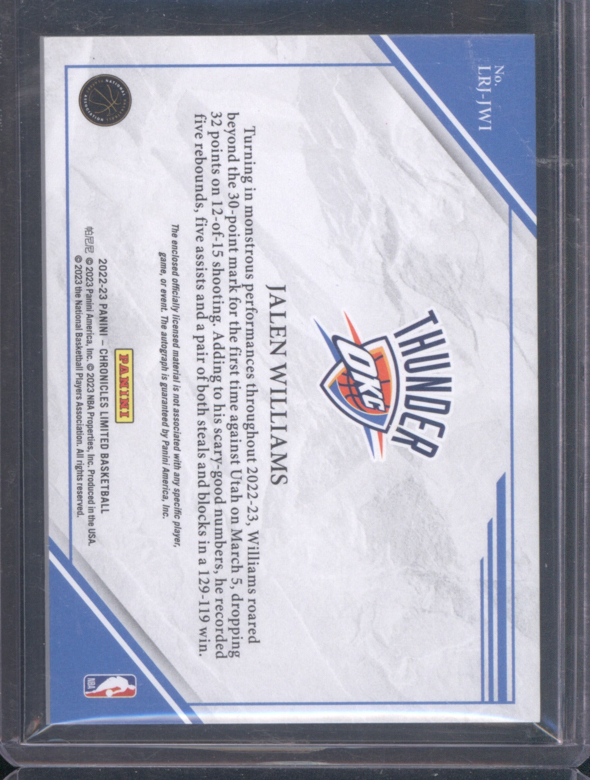 Jalen Williams 2022 Panini Chronicles Limited LRJ-JWS Limited Patch Auto /99