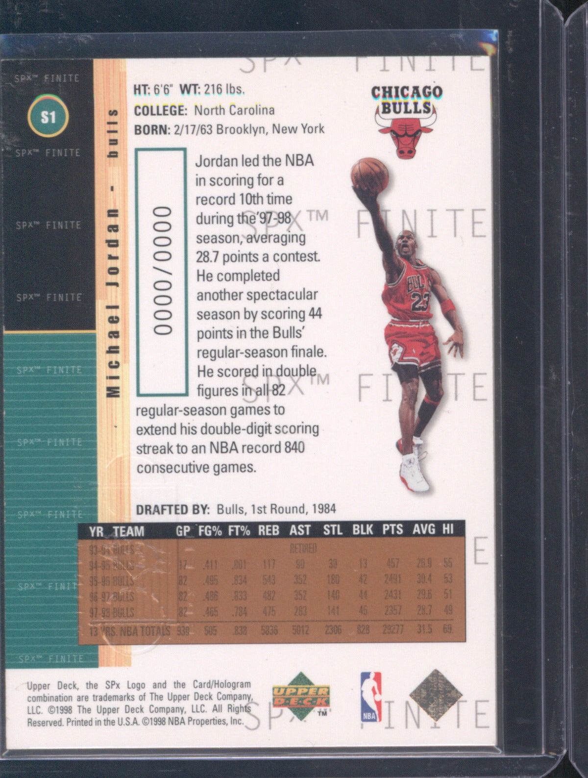 1998 Upper Deck SPx Finite Michael Jordan 1 Bronze Foil Sample