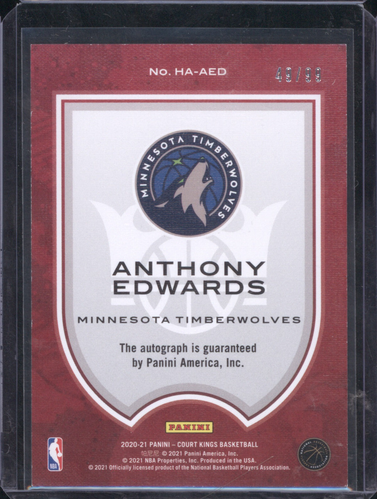 2020 Panini Court Kings Anthony Edwards CK20-21 Pink Rookie /99