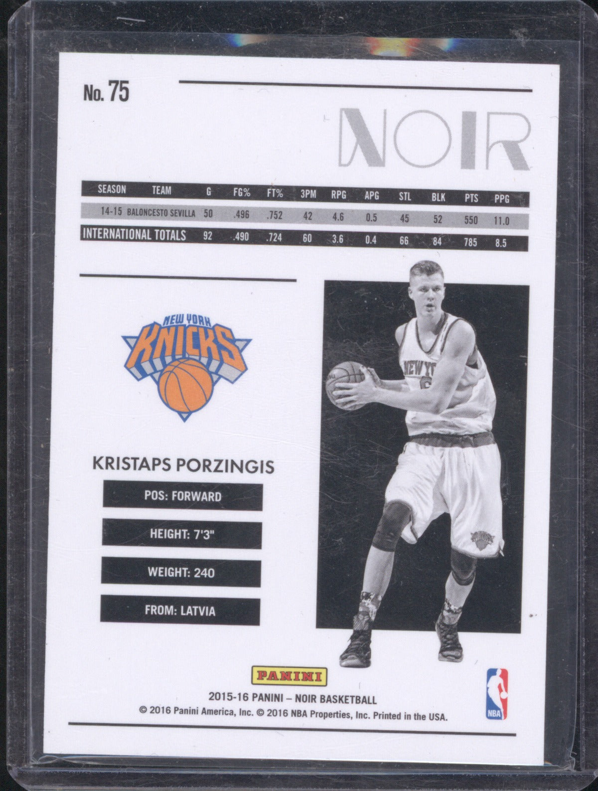 2015 Panini Noir Kristaps Porzingis RC Black and White 14/99