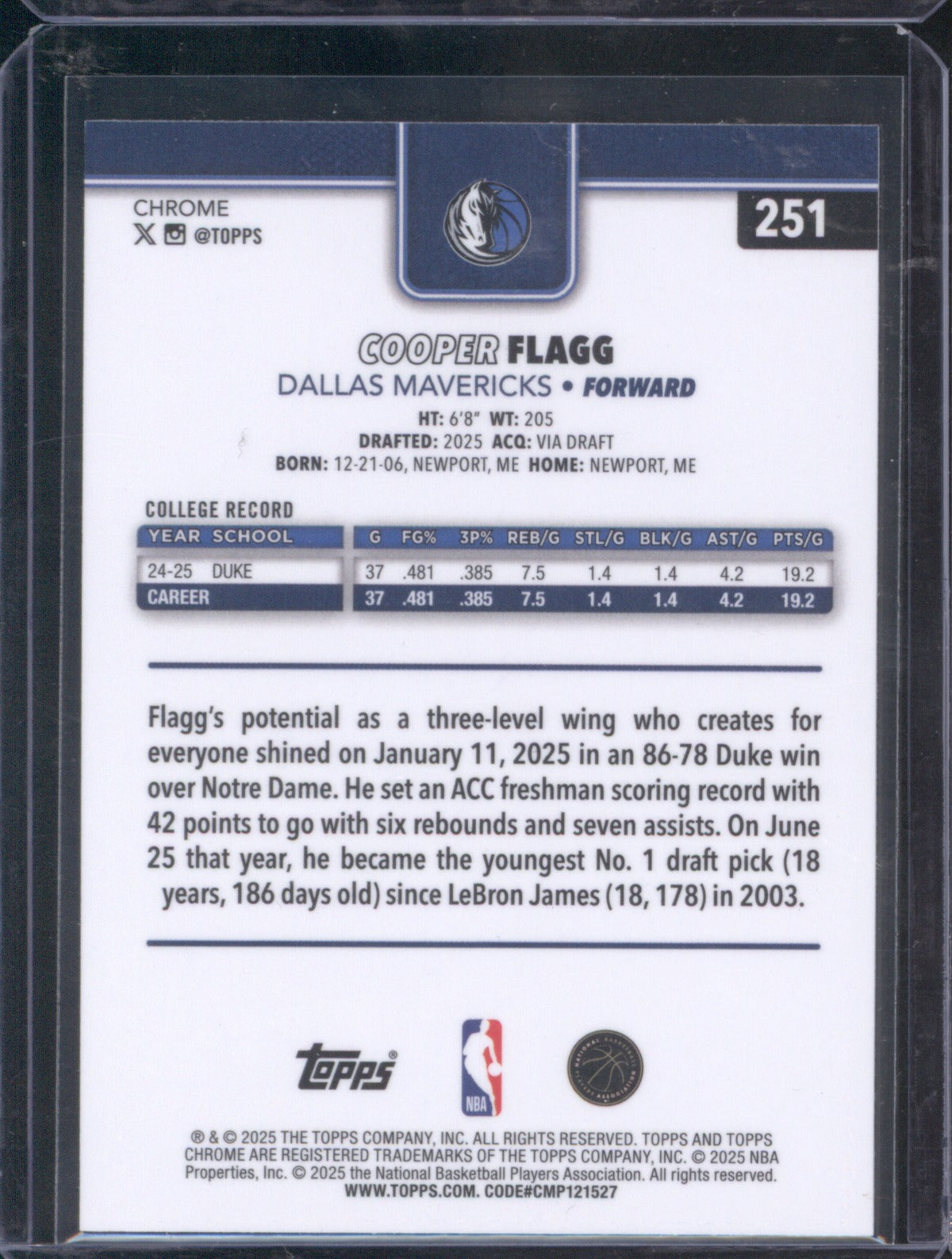Cooper Flagg Topps Chrome 2025-26 251 Mavericks Base