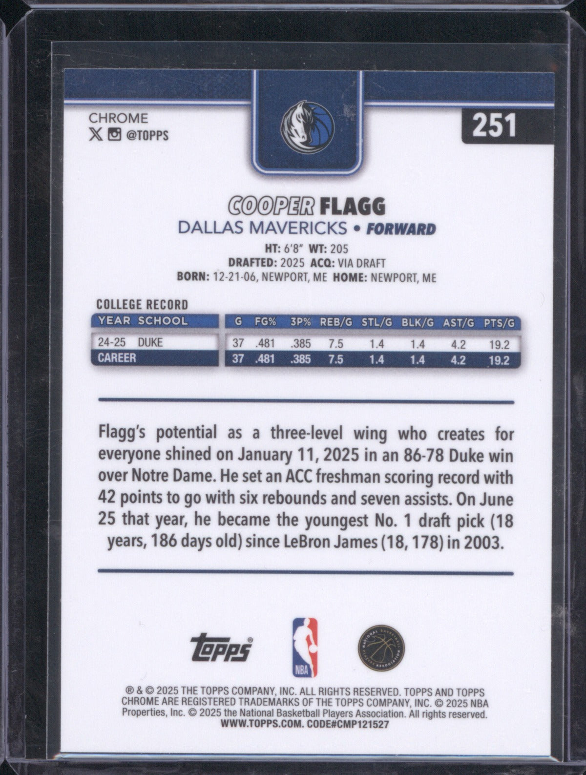 2025 Topps Chrome Cooper Flagg 251 RC Base