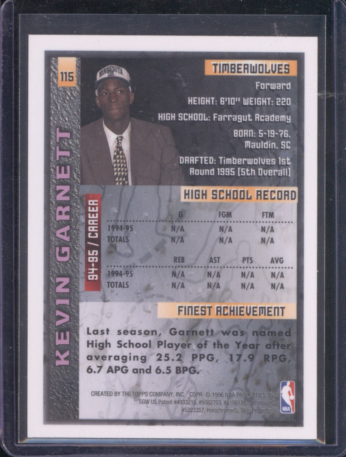 1995 Topps Finest Kevin Garnett 115 RC With Coating