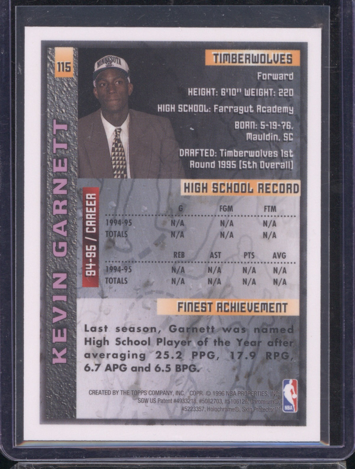 1995 Topps Finest Kevin Garnett 115 RC With Coating