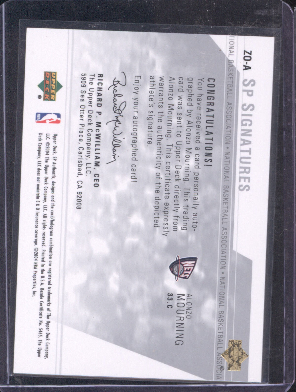 2003 Upper Deck SP Authentic Alonzo Mourning Auto