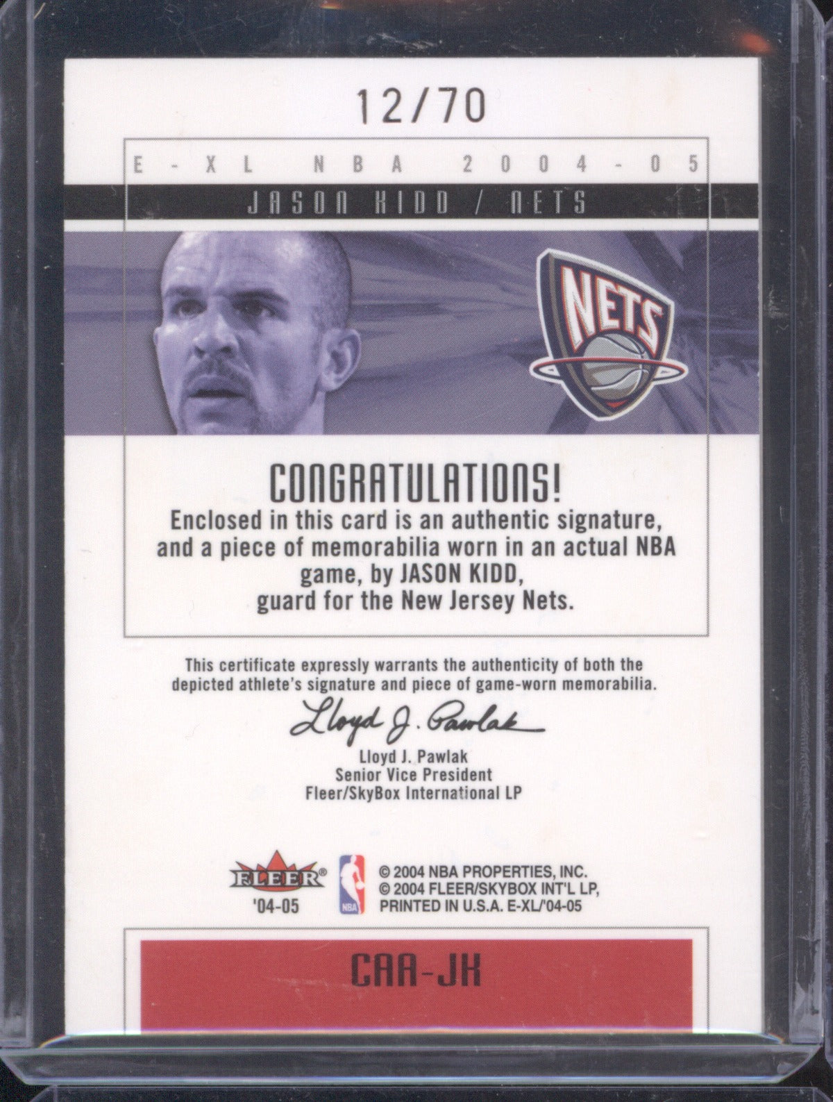 2004 Fleer E-XL Jason Kidd Court Authentics Game Used Patch Auto 12/70