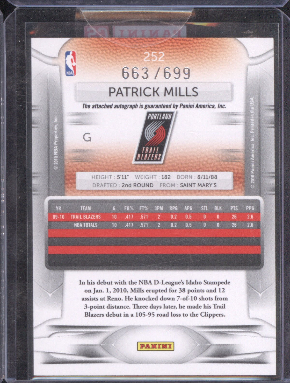 2009 Panini Prestige Patrick Mills RC Auto 663/699