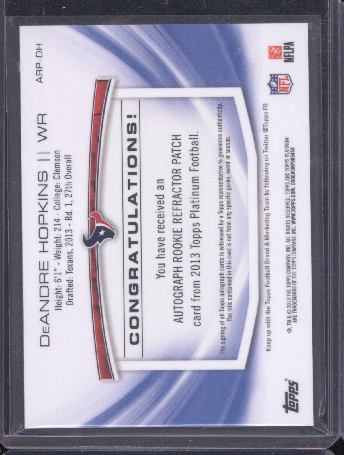2013 Topps Platinum DeAndre Hopkins Rookie Patch Auto Blue Refractor 124/125