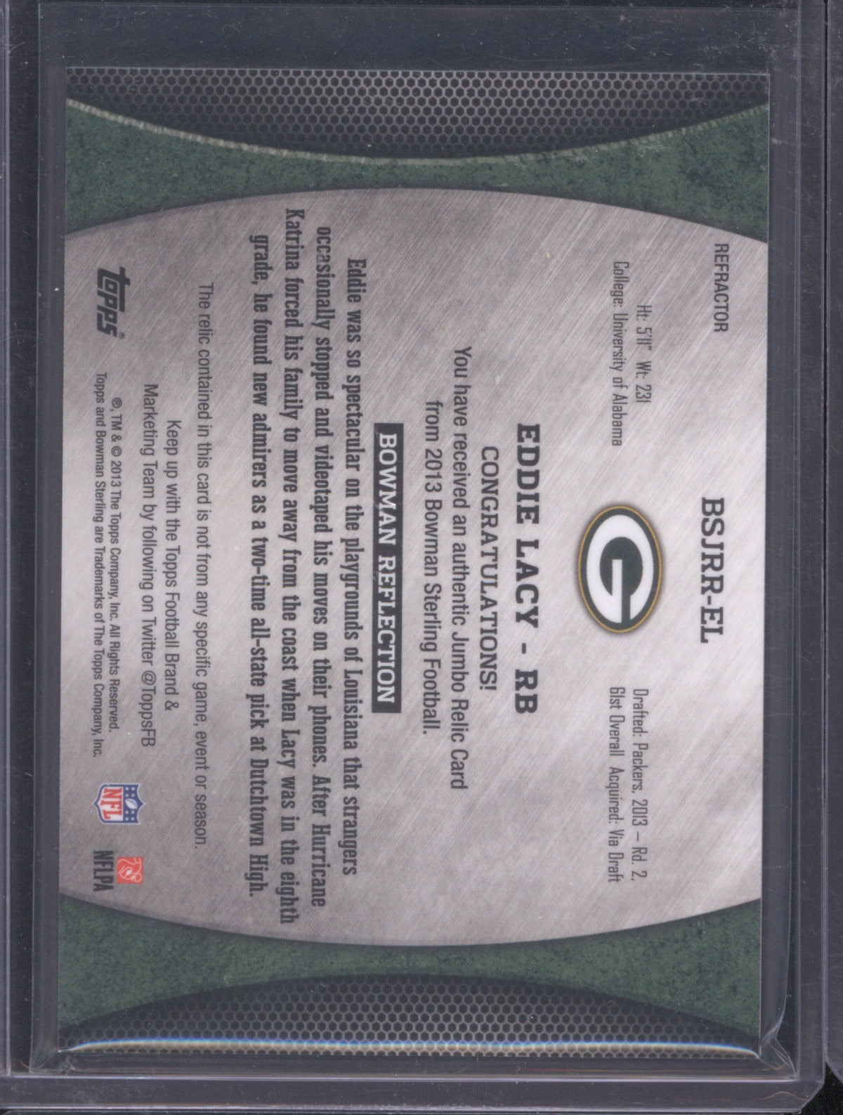 2013 Bowman Sterling Eddie Lacy Jumbo Rookie Relic RC Blue Wave 18/99