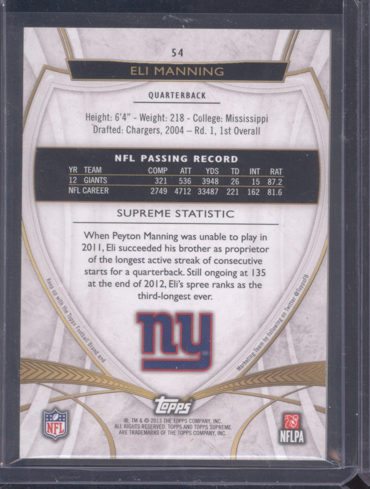 2013 Topps Supreme Eli Manning Sepia 59/75