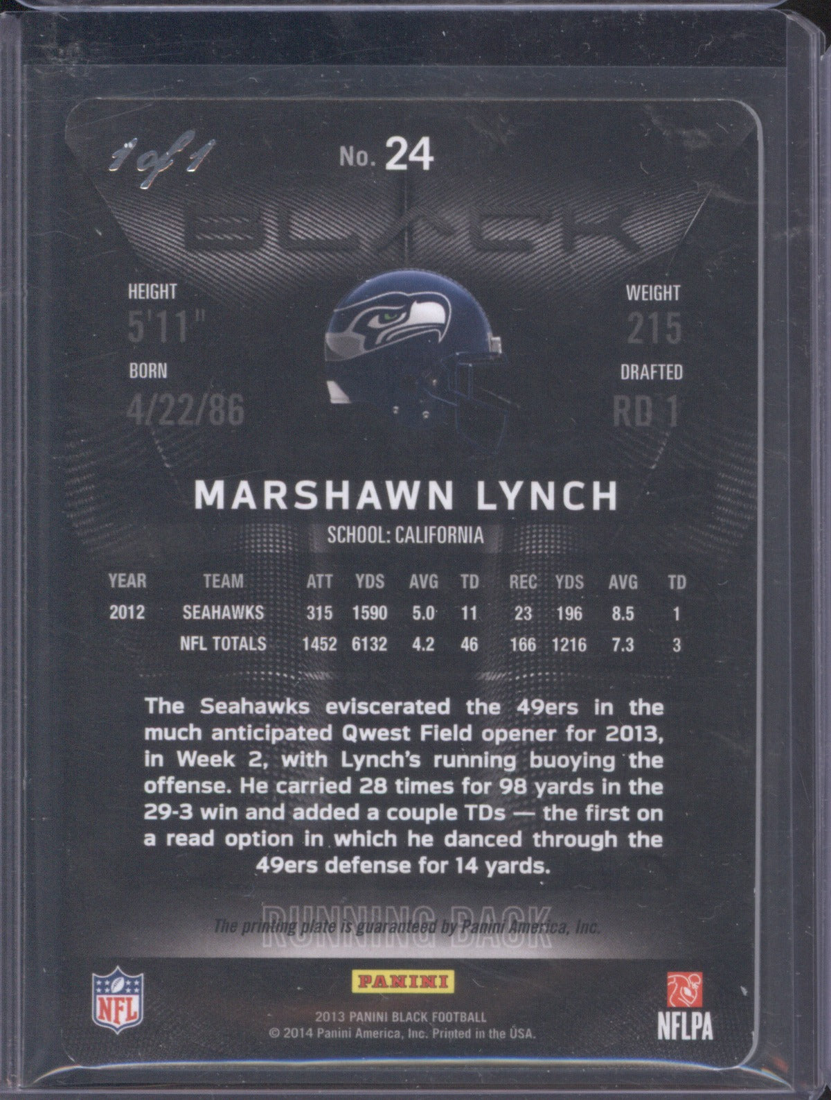 2013 Panini Black Marshawn Lynch #24 Yellow Printing Plate 1/1