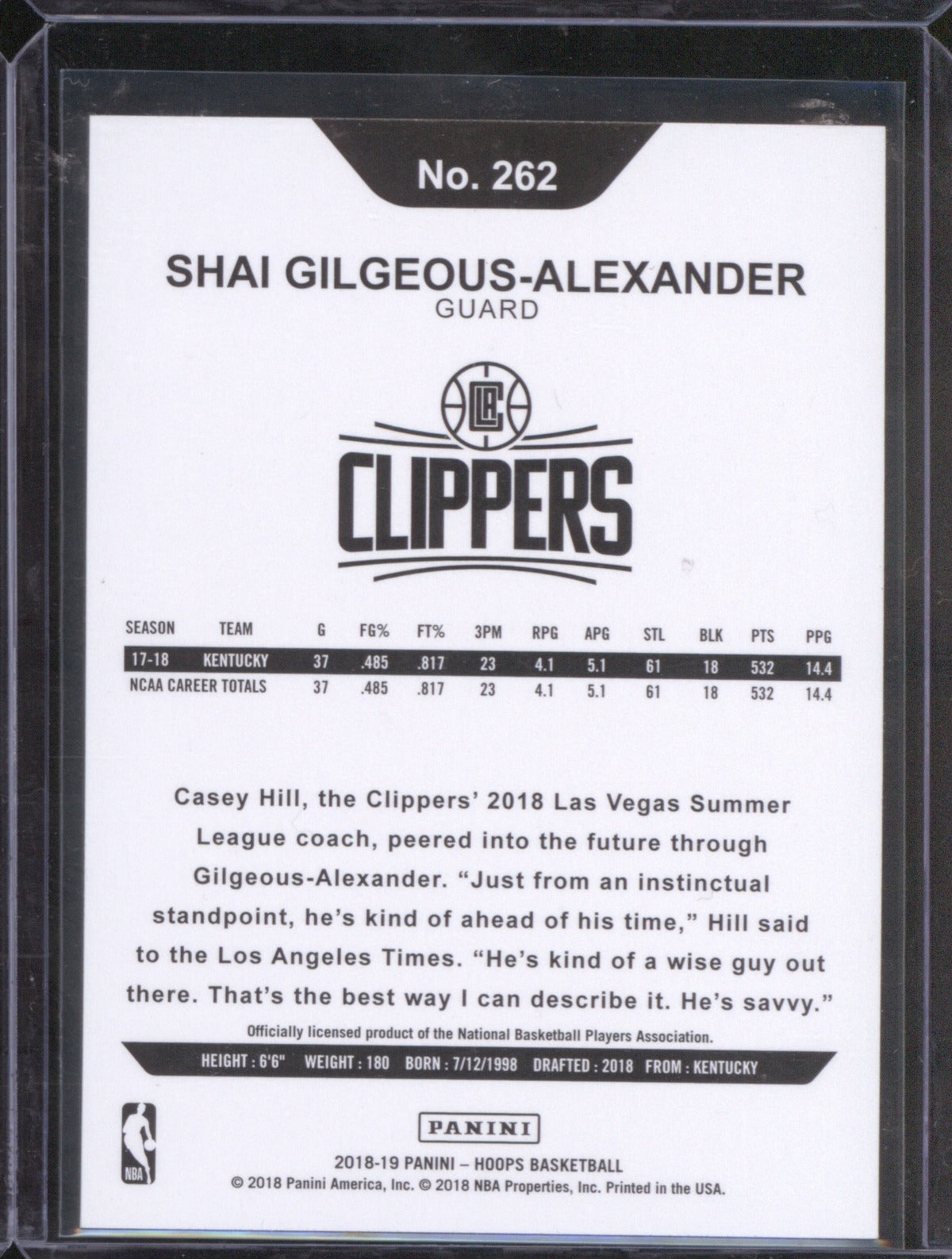 Shai Gilgeous-Alexander 2018-19 Panini NBA Hoops 262 Rookie RC