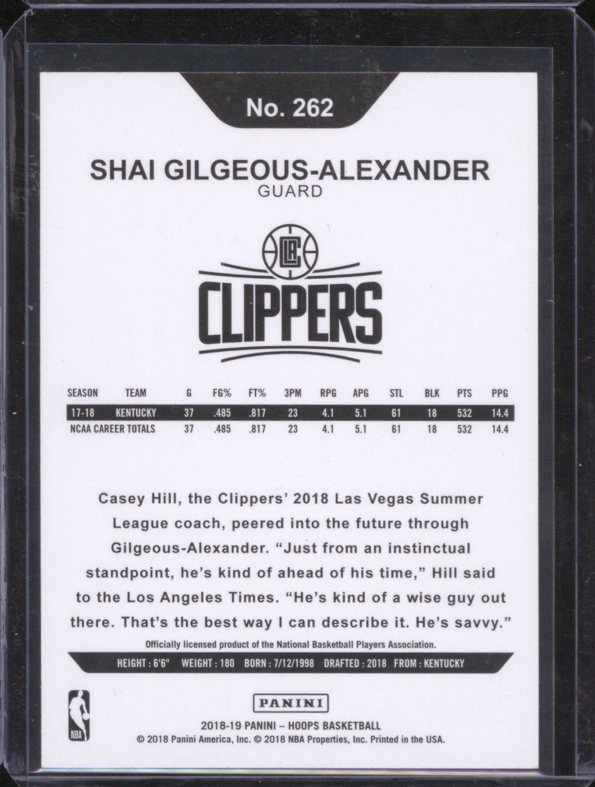 Shai Gilgeous-Alexander 2018-19 Panini NBA Hoops 262 Rookie RC