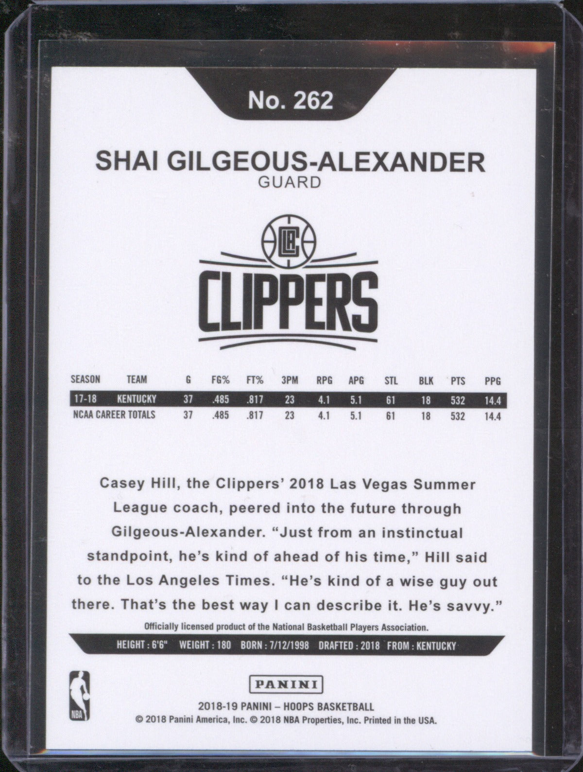 Shai Gilgeous-Alexander 2018-19 Panini NBA Hoops 262 Rookie RC