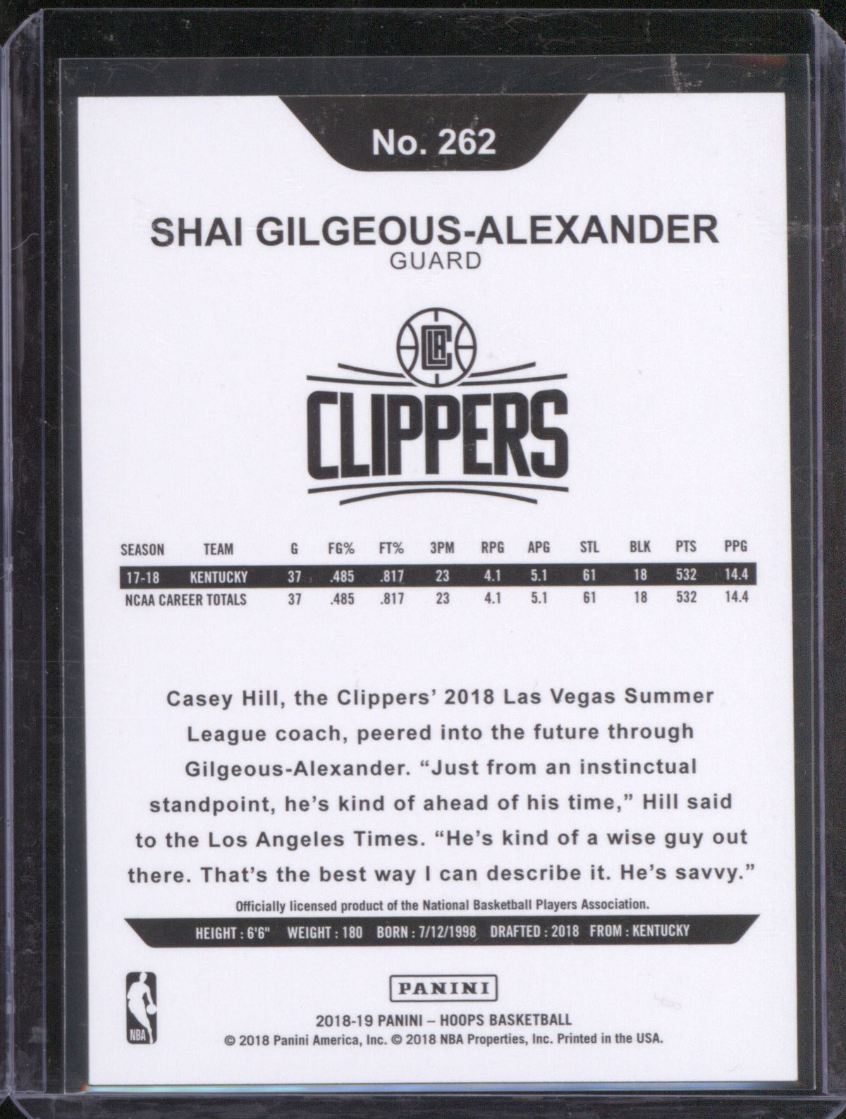 Shai Gilgeous-Alexander 2018-19 Panini NBA Hoops 262 Rookie RC