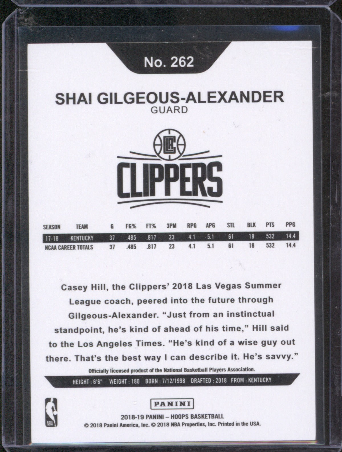 Shai Gilgeous-Alexander 2018-19 Panini NBA Hoops 262 Rookie RC