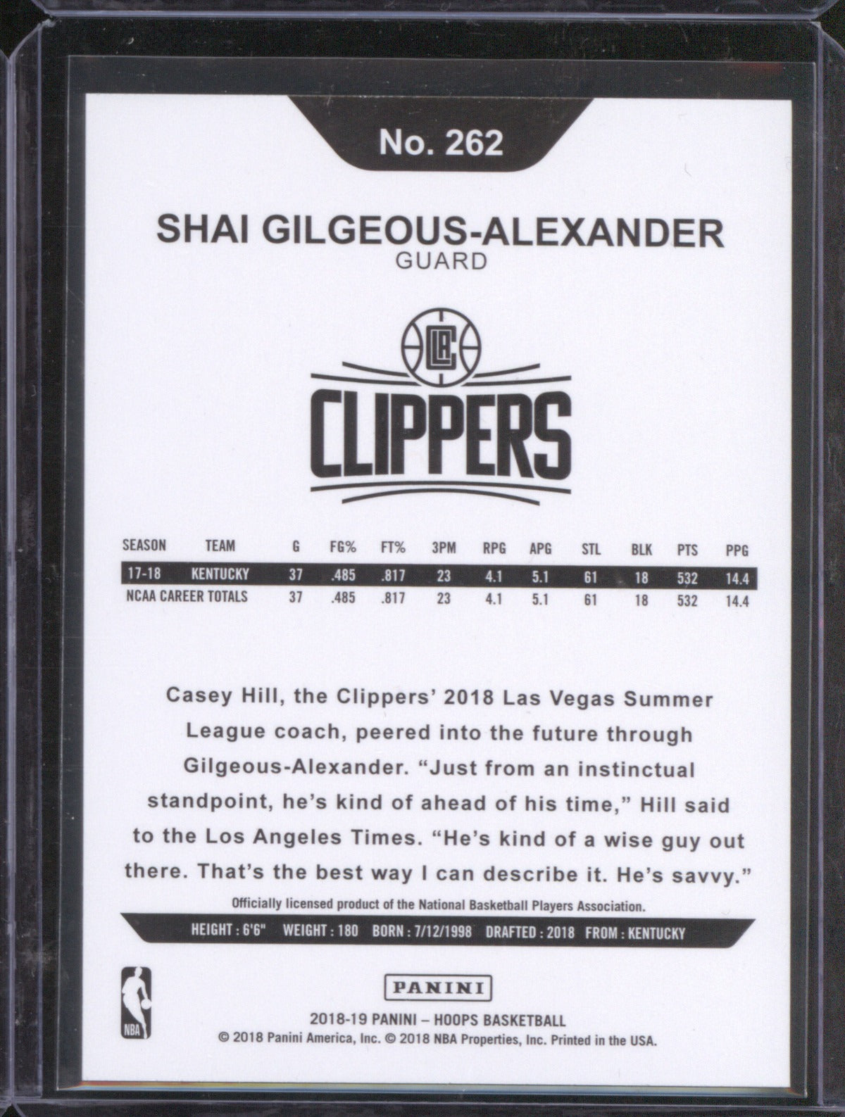 Shai Gilgeous-Alexander 2018-19 Panini NBA Hoops 262 Rookie RC