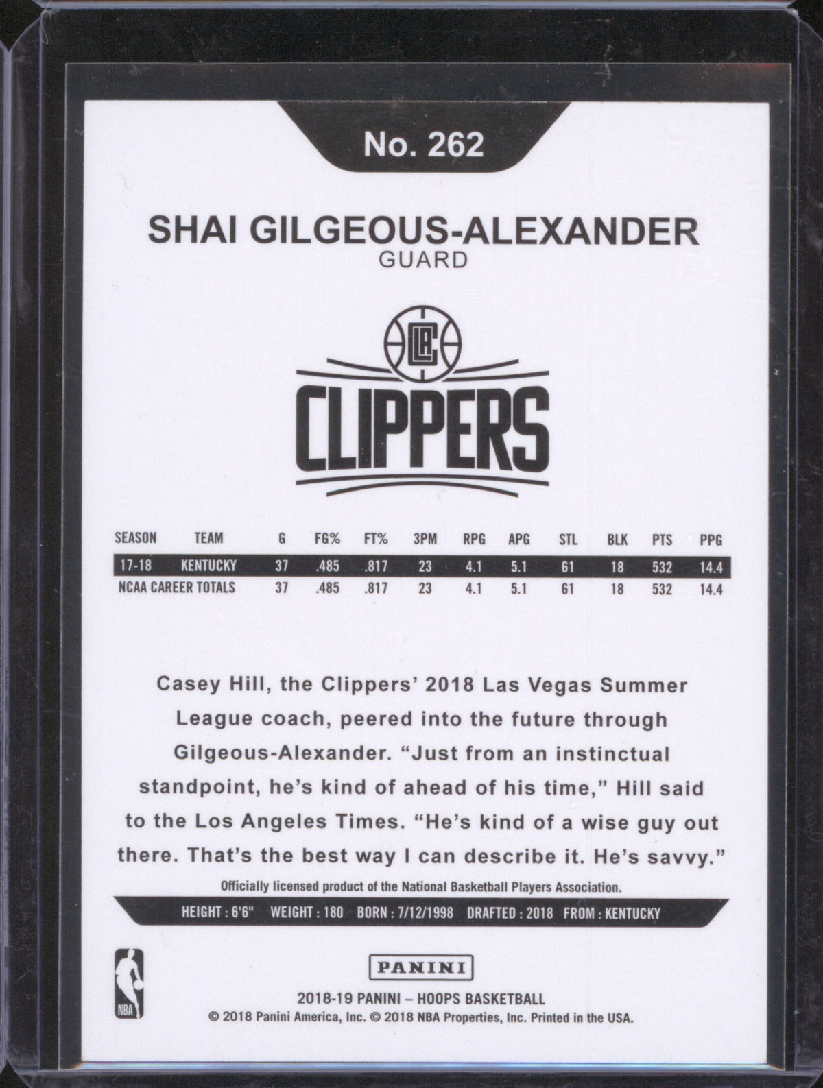 Shai Gilgeous-Alexander 2018-19 Panini NBA Hoops 262 Rookie RC