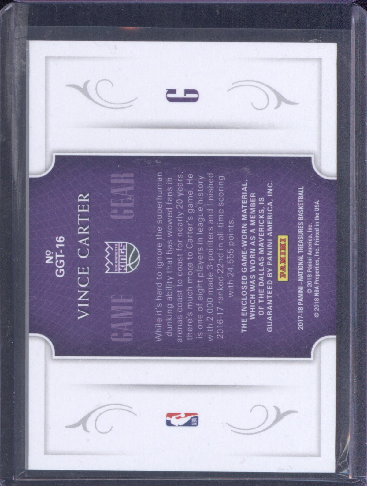 2017-18 Panini National Treasures GGT16 Vince Carter Game Gear Triple Jersey /99