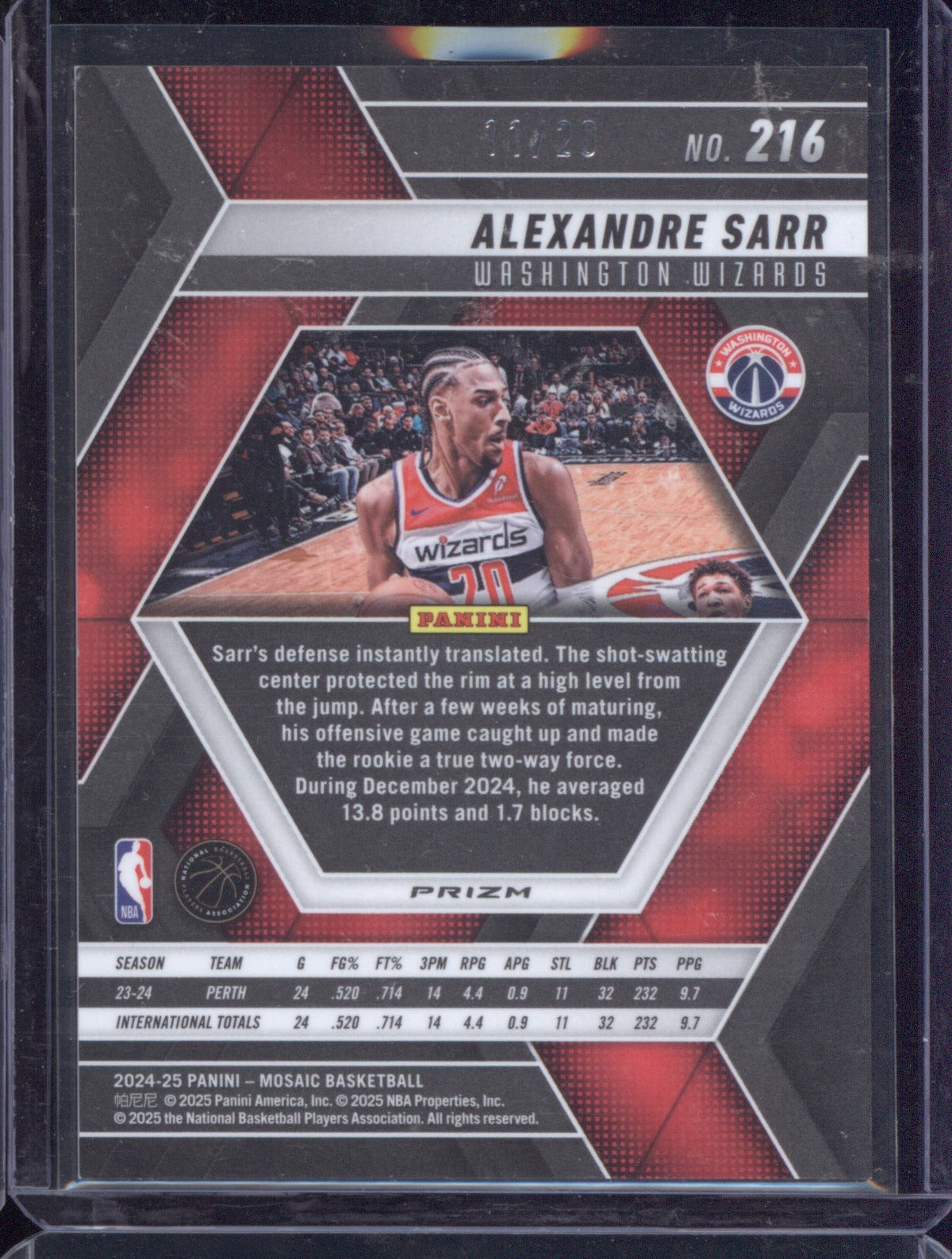 2024-25 Panini Mosaic 216 Alexandre Sarr Fast Break Pink 11/20 RC