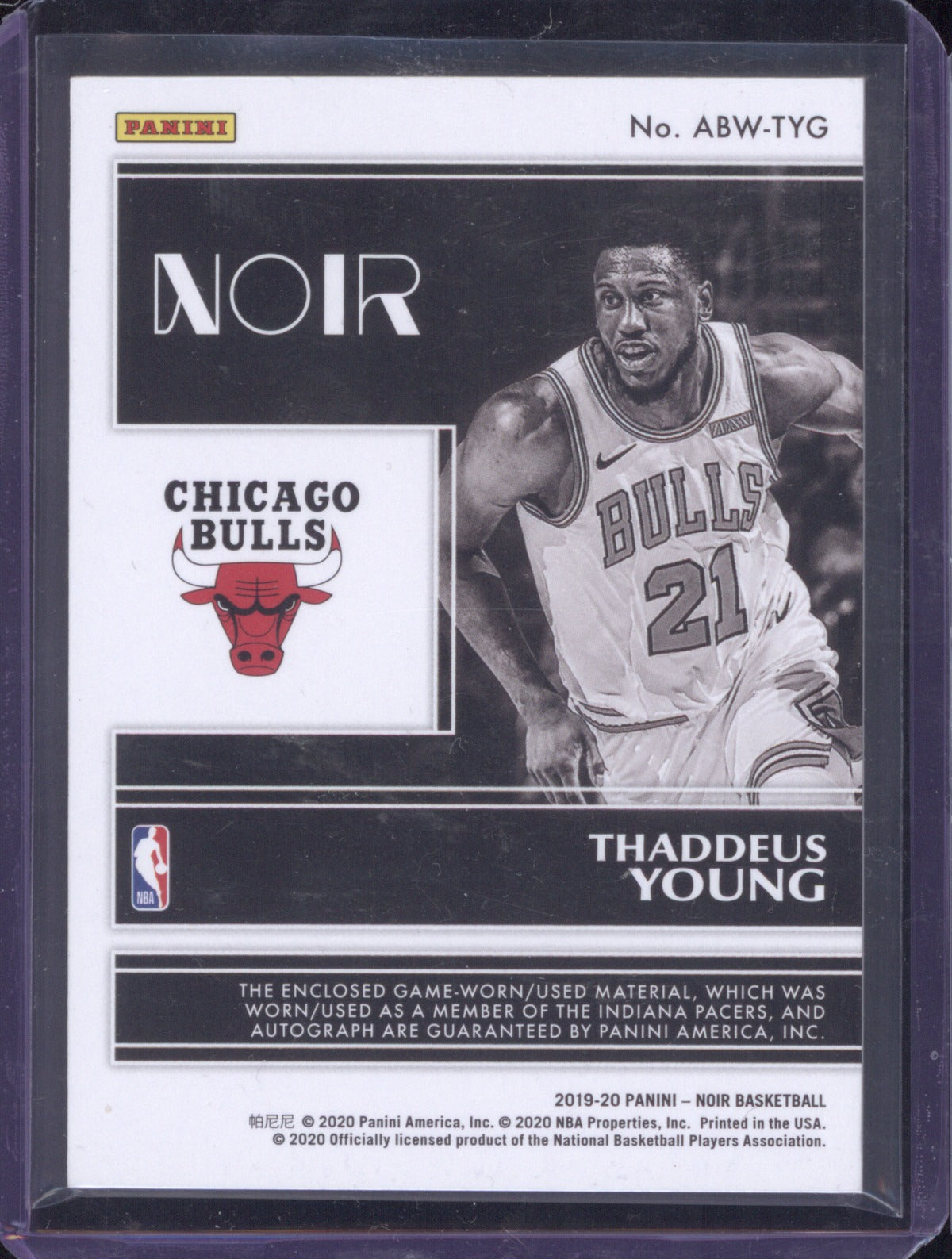 2019-20 Panini Noir ABW-TYG Thaddeus Young Patch Auto Black and White 12/40