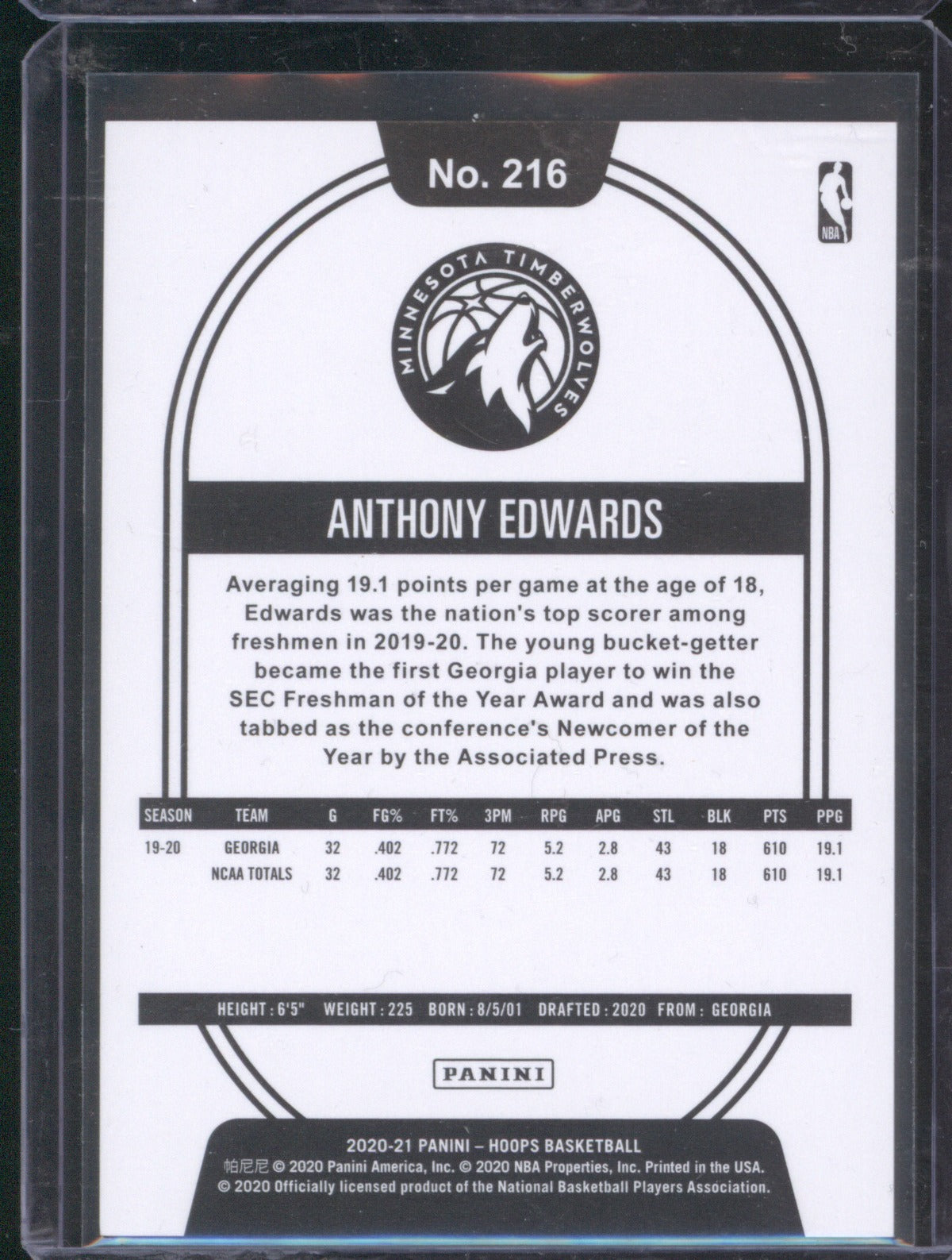 2020-21 Panini NBA Hoops 216 Anthony Edwards Blue Explosion RC