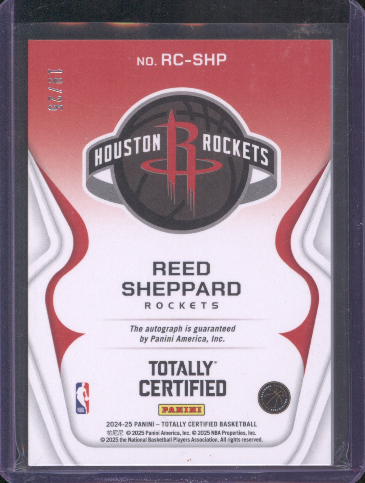 2024 Panini Totally Certified Reed Sheppard Green Camo Roll Call RC Auto 19/25