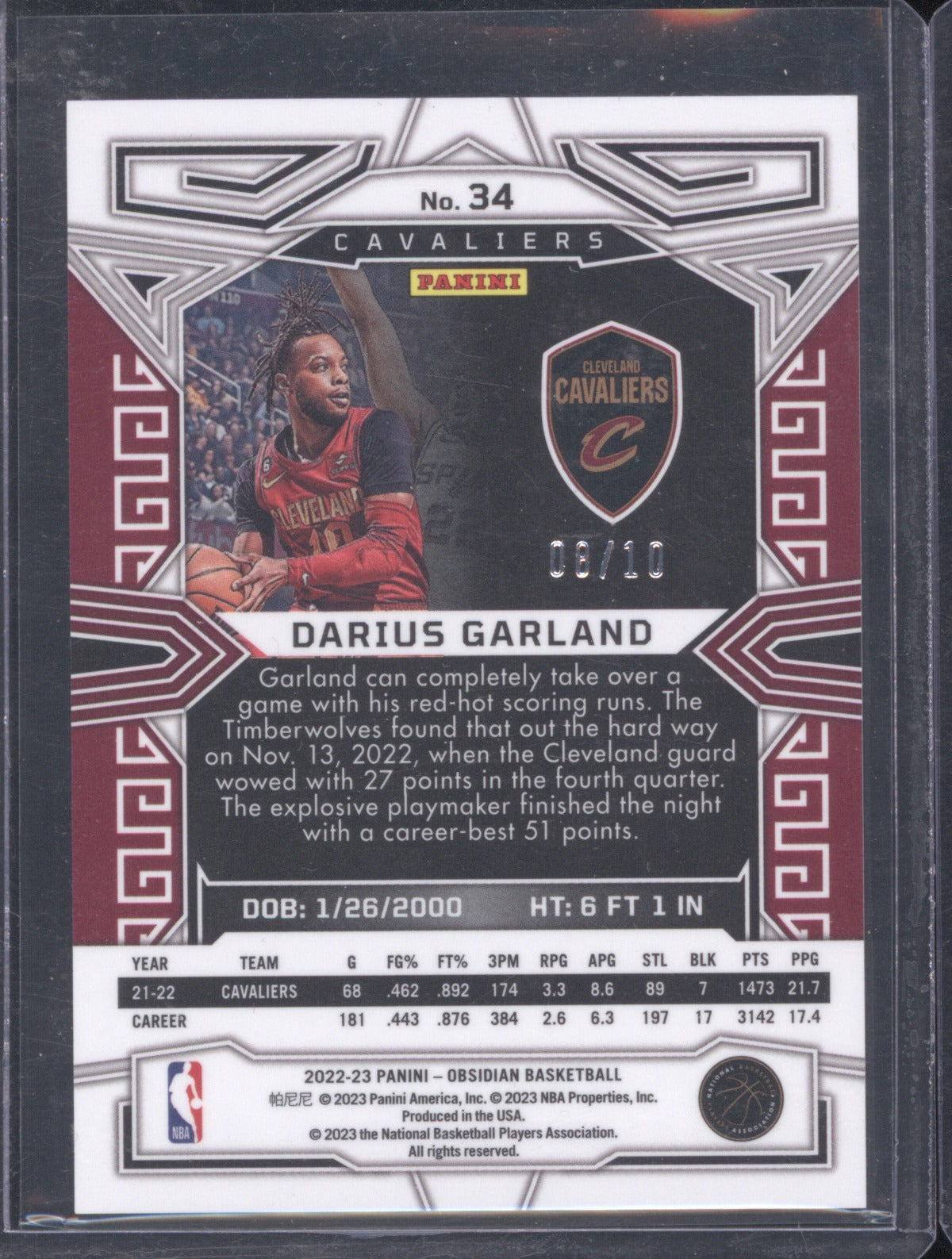 2022 Panini Obsidian Darius Garland 34 Electric Etch Gold 8/10