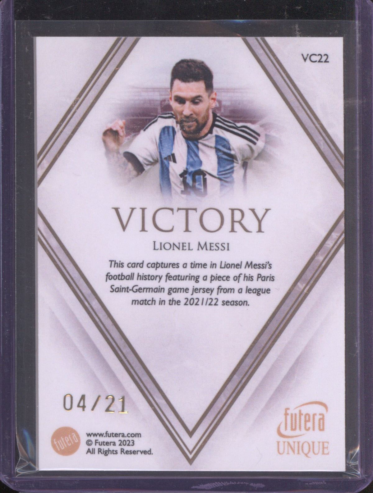 2023 Futera Unique Lionel Messi VC22 Victory Game Memorabilia 04/21