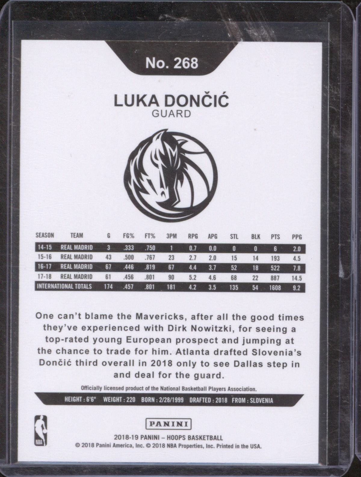 2018-19 Panini NBA Hoops Luka Dončić 268 White Line Border on Front