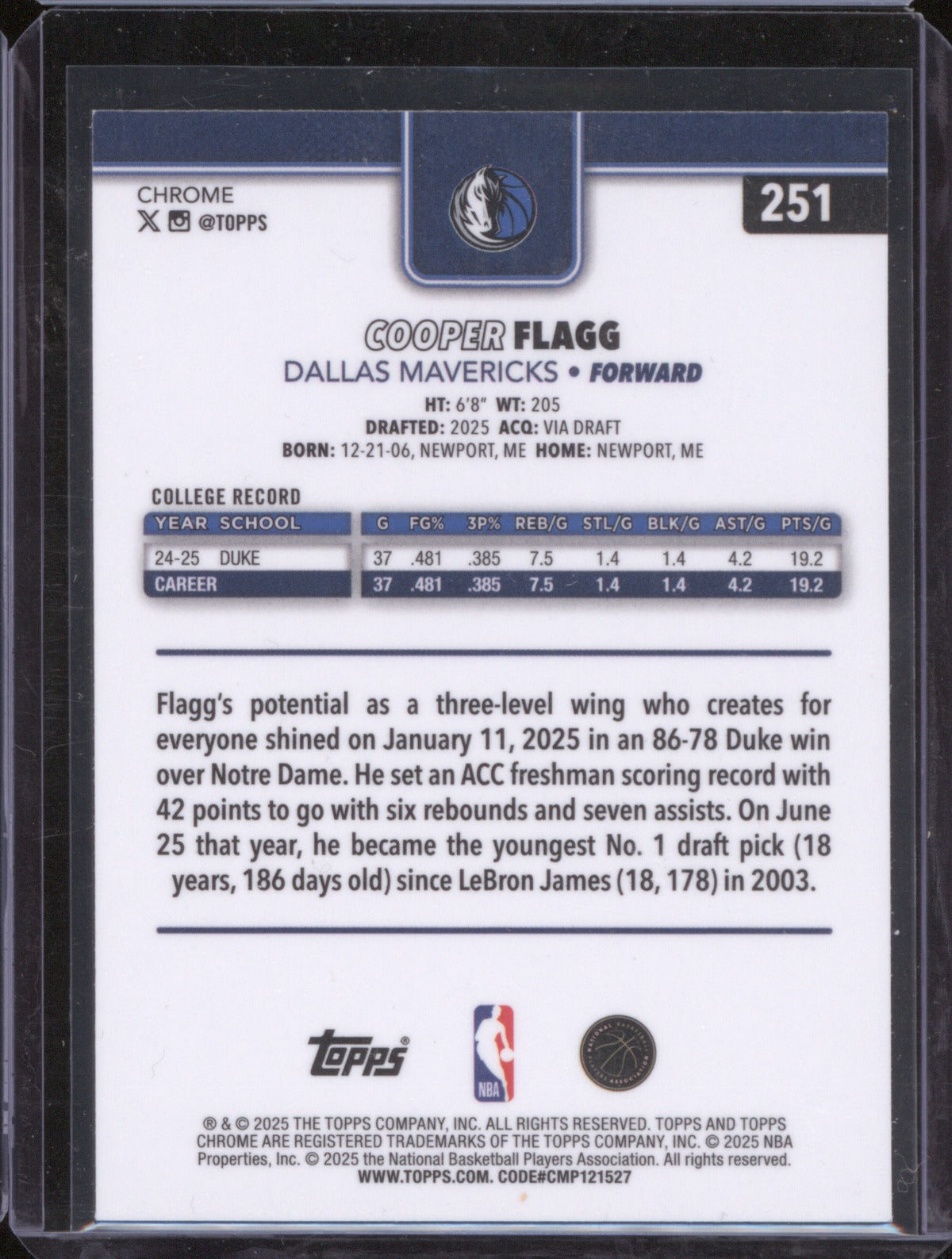 2025-26 Topps Chrome Cooper Flagg 251 RC Dallas Mavericks