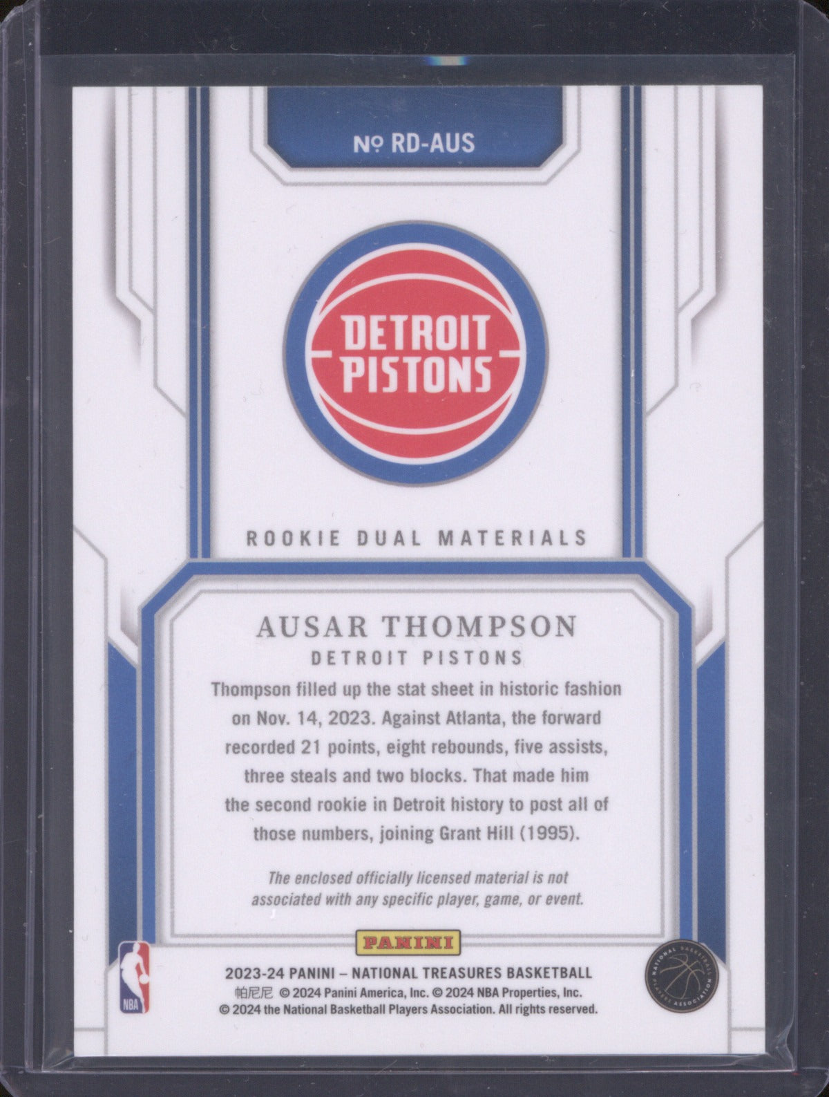 2023 Panini National Treasures Ausar Thompson RD-AUS Rookie Dual Materials /99