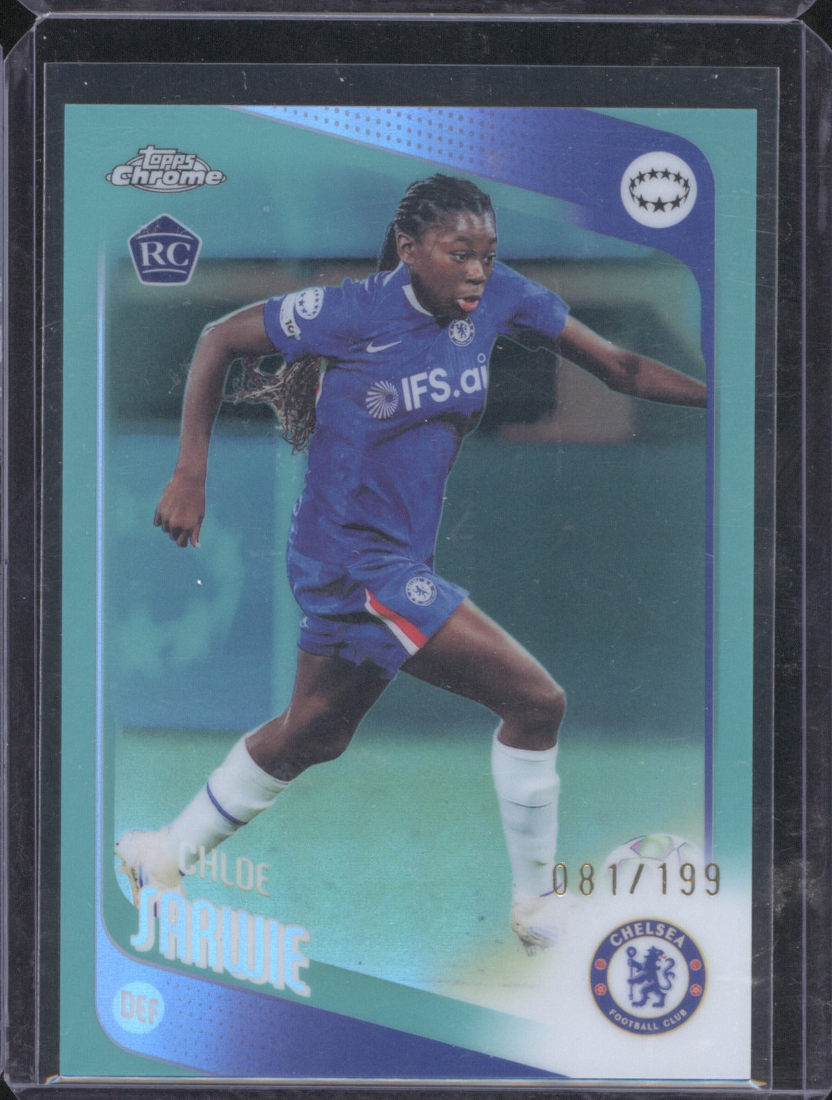 Chloe Sarwie 2025 Topps Chrome UEFA Women’s CL Aqua Refractor RC 81/199
